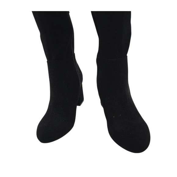 ShoeDazzle Nevaeh Black Over Knee Boots Gold Zip Modern Fall Chic 6 Retro Mod - Picture 8 of 11